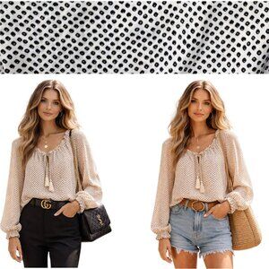 Max Studio Boho Chic Peasant Blouse Tie Ruffle Neck Polka Dot Cream Size M NEW